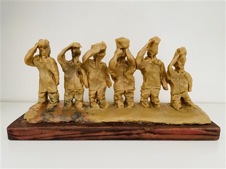 Claudio Parigi I RAGAZZI DEL '99 cera, cm 12x25x9,5 firma e titolo sulla...