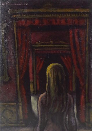 Enrico Allimandi RAGAZZA A PALAZZO olio su cartone telato, cm 70x50 firma...