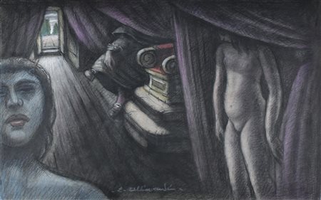 Enrico Allimandi APPUNTAMENTO AL CASTELLO tecnica mista su carta, cm 38x59...