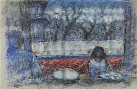 Enrico Allimandi APPUNTAMENTO AL BAR tecnica mista su carta, cm 43x60 firma e...