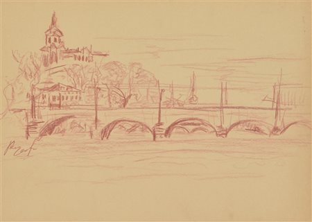 Piero Cerato TORINO. PONTE SUL PO sanguigna su carta, cm 25x35 firma L'opera...