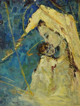 Francesco Cella AMORE MATERNO olio su tavola, 30X40cm firma sul retro:...