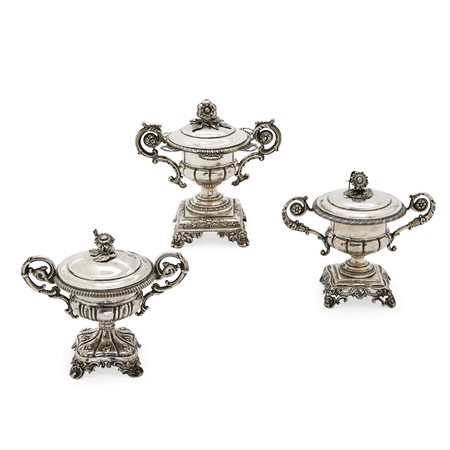 Lotto di tre zuccheriere in argento, Italia 1837-1868
