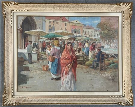 E. Rosati "Il mercato" olio su tela (cm 59x80) Firmato in basso a sinistra. In c