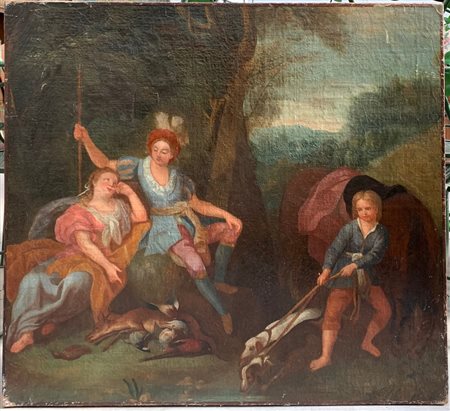 Ignoto "Scena galante" antico dipinto ad olio su tela applicata su compensato (