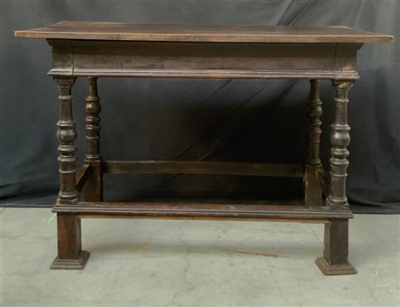 Tavolo da parete di forma rettangolare in legno con cassetto sulla fascia, gamb