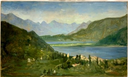 Egidio Riva "Paesaggio lacustre" olio su tela (cm 70,5x120,5) Firmato in basso a