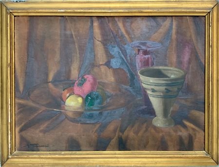 Giuseppe Talamoni "Composizione con frutta" olio su compensato (cm 50x70) Firmat