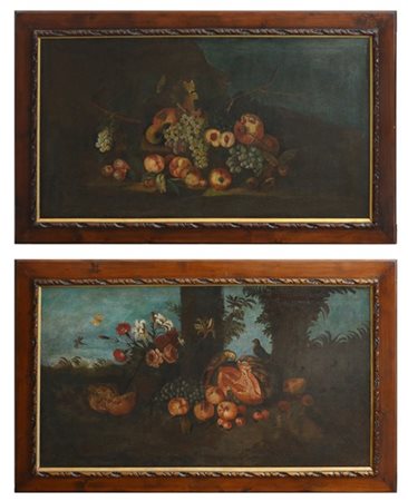 Ignoto "Composizione con fiori, frutta e pappagalli" e "Composizione con frutta