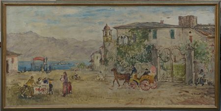 Cesare Monti "Borgo sul lago" olio su compensato (cm 72x145) Firmato e datato 19