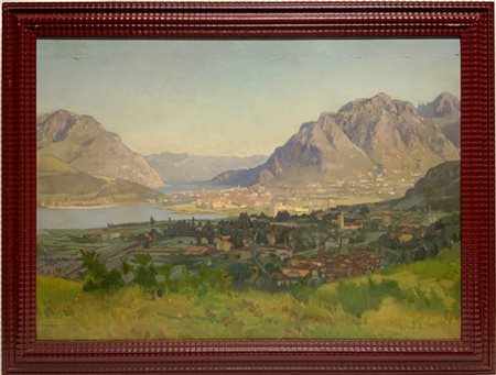 G. Colombo "Lecco, levata del sole" olio su tavola (cm 68x95) Firmato in basso a