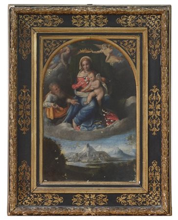 Ignoto "Madonna con Bambino in gloria e San Giuseppe" antico dipinto ad olio su