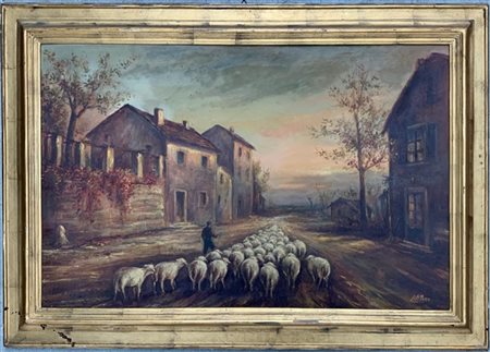 Firma indecifrata "Pastore con pecore" olio su tela (cm 66x100) Firmato in bass