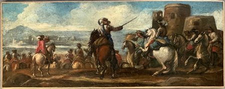 Scuola del secolo XVIII "Scena di battaglia" olio su tela (cm 26x68,5)

(difett