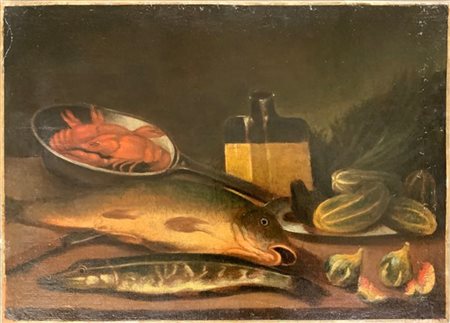 Ignoto "Composizione con pesci, crostaceo e fichi" e "Composizione con fiori, a
