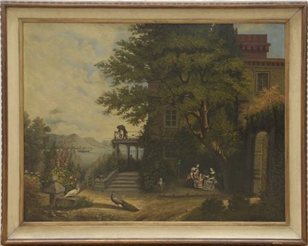 Ignoto del XIX Secolo "Villa al lago" olio su tela (cm 75x100) in cornice 
(dif