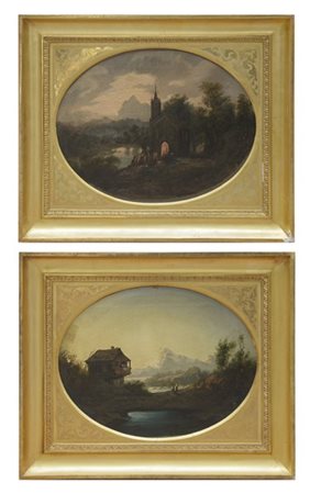 Ignoto del XIX secolo "Paesaggi" coppia di dipinti ovali ad olio su tela (cm 37