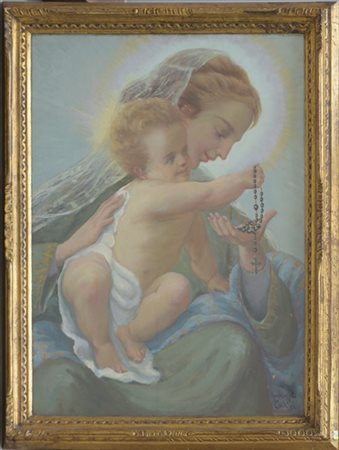 Giuseppe Calvi "Madonna con bambino" olio su compensato (cm 74x53) firmato in ba
