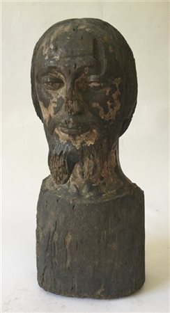 Antica scultura lignea raffigurante un busto maschile, tracce di policromia (h