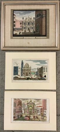 Lotto di tre incisioni acquerellate del secolo XVIII con acquarellatura posteri