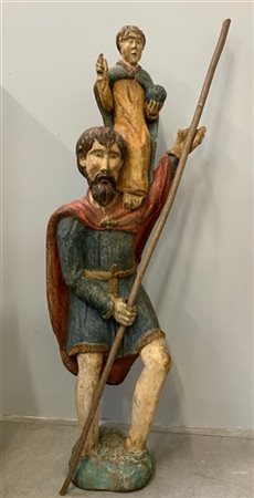 Artista del secolo XVII "San Cristoforo" scultura a tutto ttondo in legno intag