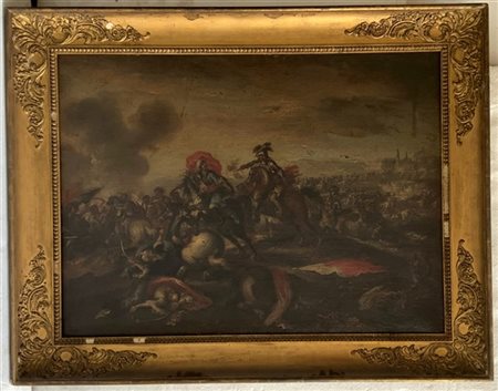 Scuola del secolo XVIII "Scena di battaglia" olio su tela (cm 73,5x98). In corn