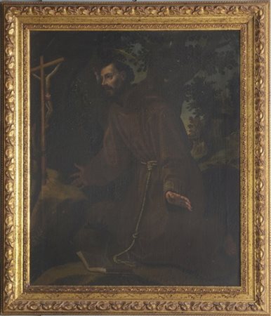 Scuola del secolo XVII "San Francesco in adorazione del crocifisso" olio su tel