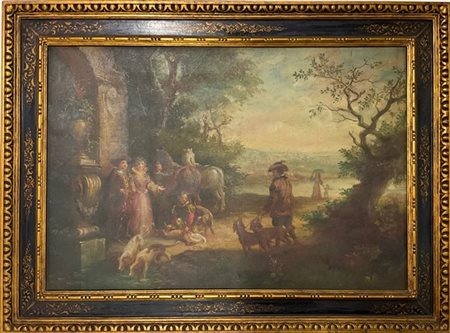 Ignoto "Scena d'esterno con figure di nobili e servitù" olio su tela (cm 53x79)