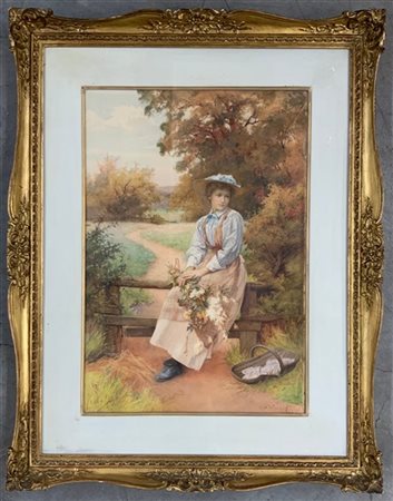 Charles Edward Wilson "Lady with flowers" coppia di litografie acquerellate a ma