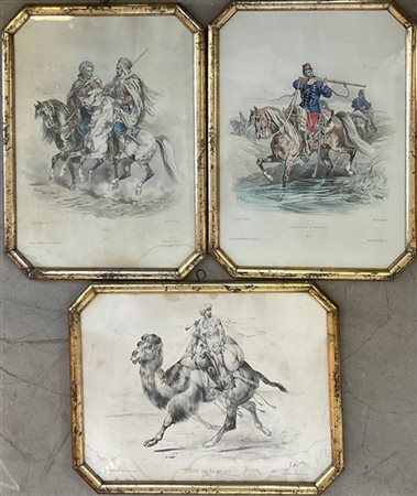 Gruppo di tre stampe raffiguranti "Chasseur d'Afrique", un cacciatore africano,
