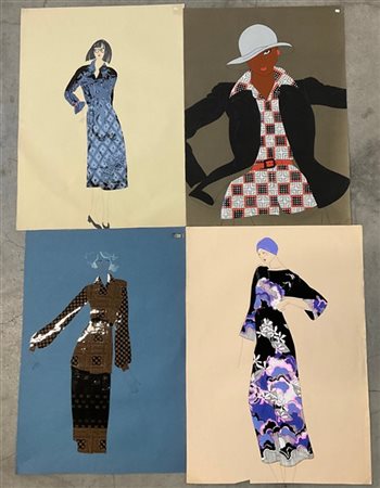 Cartella contenente quattro tecniche miste su cartoncino raffiguranti modelle i