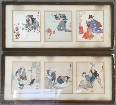Due gruppi di tre stampe giapponesi acquerellate raffiguranti scene di dame e f
