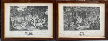 Gruppo di quattro acqueforti monocrome raffiguranti "L'arrivo dei poeti ai Camp