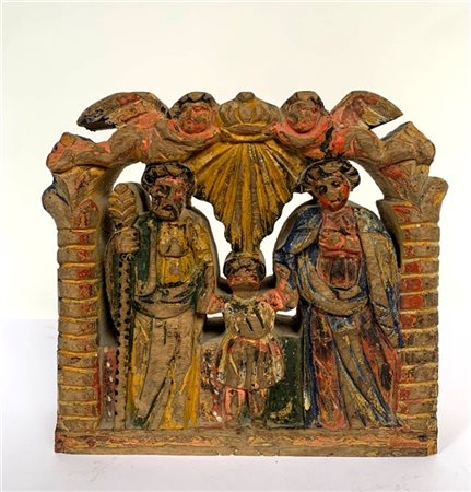 Arte del secolo XIX, gruppo in legno intagliato policromo raffigurante Sacra Fa