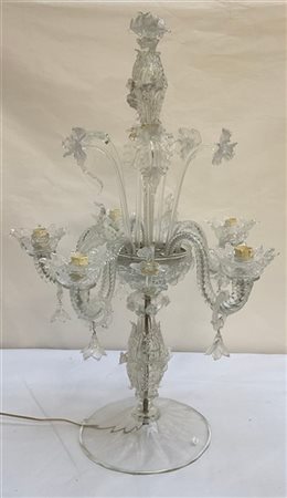 Manifattura di Murano, 
lampada da tavolo a cinque fiamme in vetro trasparente