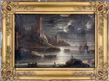 Ignoto "Paesaggio costiero al chiaro di luna" tecnica mista su cartoncino appli