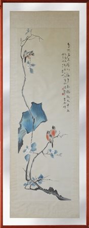 Scroll verticale dipinto su carta raffigurante un ramo di ciliegio con uccelli