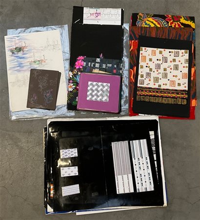 Cartella contenente svariati disegni e bozzetti per tessuti eseguiti con varie