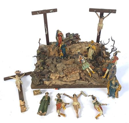 Composizione in legno intagliato e dipinto, sughero e terracotta raffigurante l