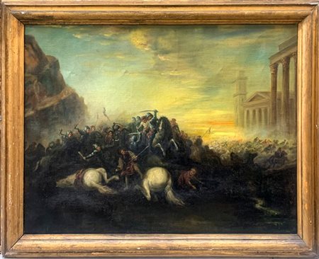 Ignoto "Scena di battaglia" olio su tela (cm 79x100) In cornice (difetti)