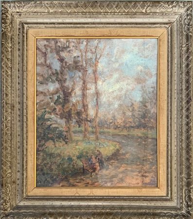 Firma indecifrata "Scorcio di parco" olio su compensato (cm 60x50) Firmato in b