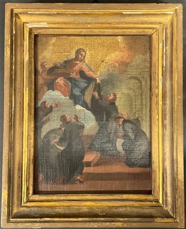 Scuola del secolo XVIII "La Vergine consegna il saio a Sant'Antonio" olio su te