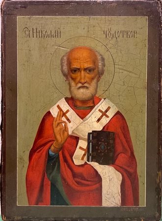 Arte russa del secolo XIX "San Nicola" icona ad olio su tavola (cm 26.5x19) (di