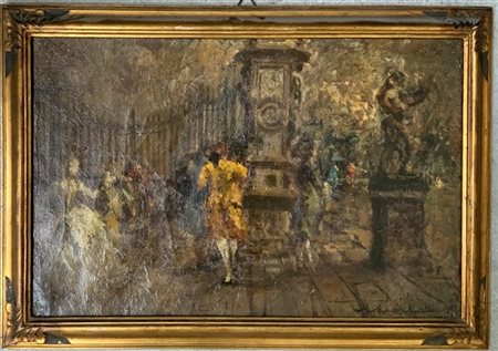 Firma indecifrata "Scena settecentesca" olio su tela (cm 40x62) Firmato e datat