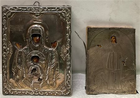 Arte russa, lotto composto da un'icona in argento inciso e sbalzato raffigurant