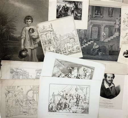 Lotto di una ventina di incisioni del XIX secolo di argomento storico di varie