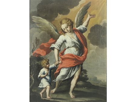 Fine XVII secolo Tobia e l'Angelo Olio su tela Senza cornice Misure 51x38 cm