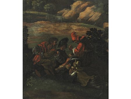 Seguace di NICOLAES BERCHEM Contadini che scherzano mentre stanno mangiando...