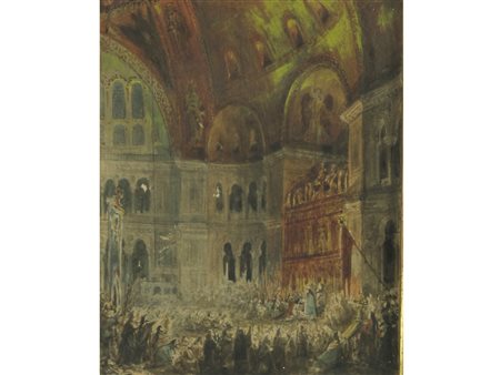 Firma illeggibile Interno di cattedrale Acquarello su carta Misure 19,3x15 cm