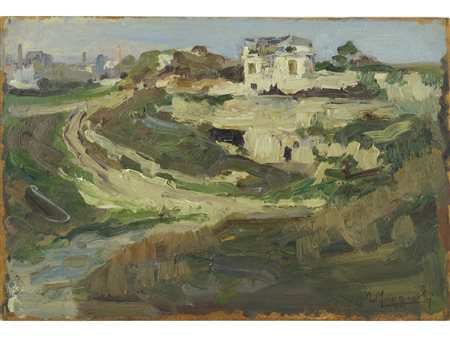 Umberto Moggioli (Trento 1886–Roma 1919) Paesaggio Olio su tavoletta Firmato...